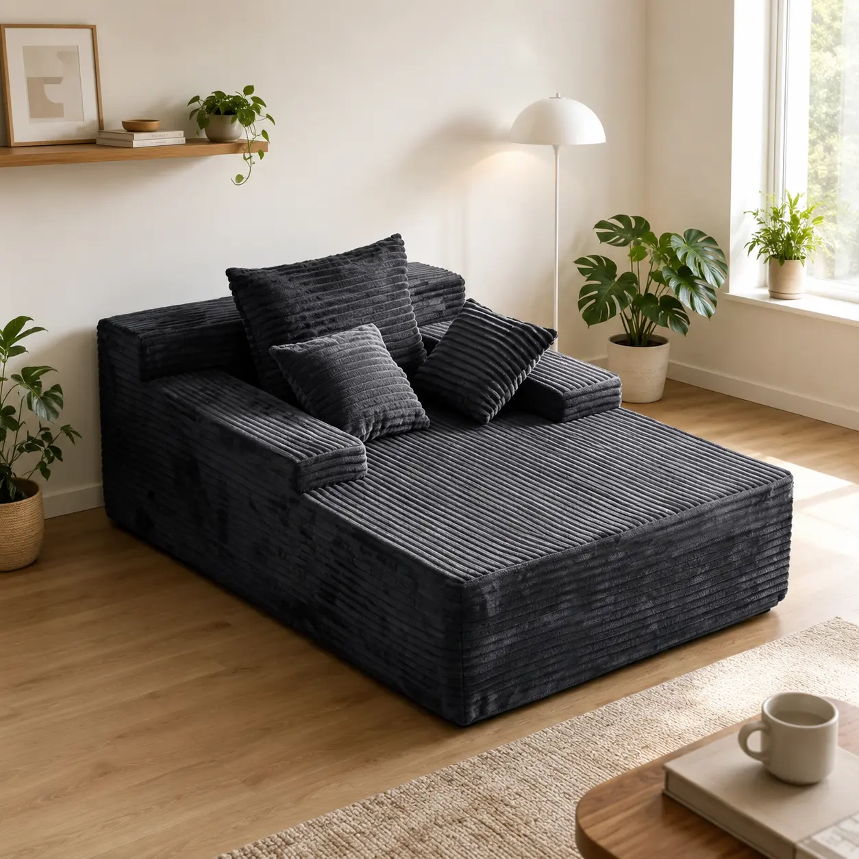 Orienflex 67" Oversized Corduroy Convertible Indoor Lounger Couch - Non-Assembly Deep Seat Plush Apartment Furniture with 3 Pillows, Rivet Design Modular Cloud Sofa with Leather Storage for Living Room Reading Cozy Sofa Loveseat Sofa Cozy Reclining Sofa