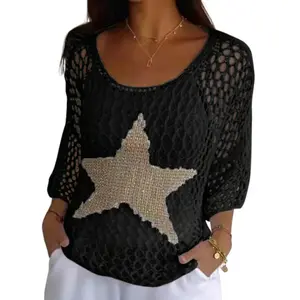 Women's Casual Crochet Knit Top 3/4 Sleeve Hollow Out Shirt Sparkly Star Graphic Lightweight Summer Pullover Sweaters Cover Up - Mother's Day Gift
