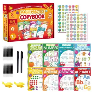 Large Magic Grooved Handwriting Practice for  3-8,Grooved Writing Books for  3-5, Grooved Handwriting Workbooks,Number Letter Tracing (8PCS+2Pens+2Pencil Grips+20refills)
