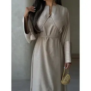 Women's Plain Embroidering Belted Notched Neck Dress, Elegant Flounce Sleeve A Line Long Dress for Vacation Holiday Party, Ladies Modesty Clothes for All Seasons