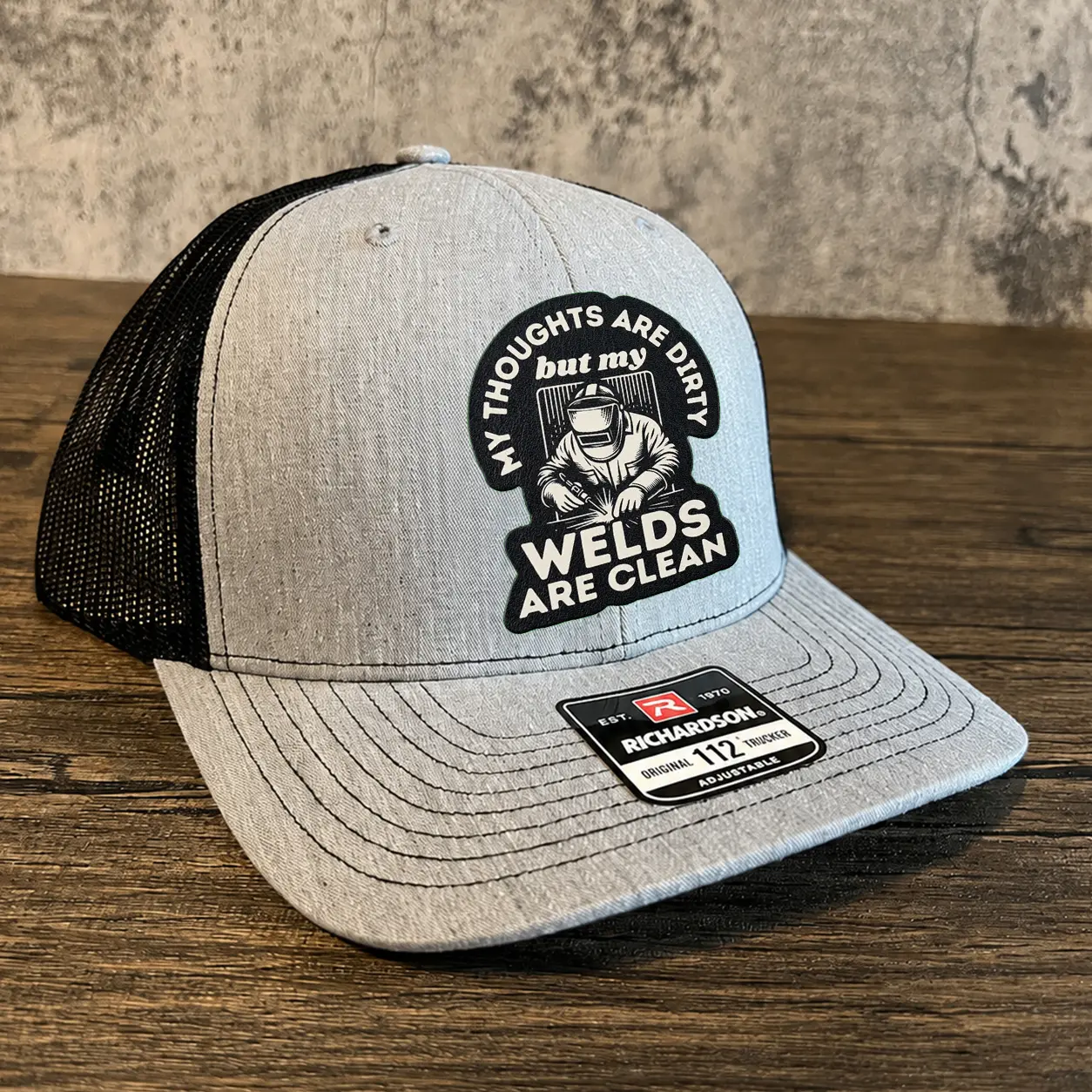 My Thoughts Are Dirty But My Welds Are Clean Richardson 112 Leather Patch Hat - Funny Welder Gift, Welding Trucker Cap for Men, Custom Work Hat, Welder Life Apparel, Breathable Mesh Back Snapback