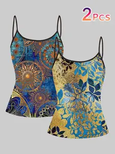 Women's Slim-Fitting Strapless Top, Blue Gold Mandala & Floral Design, All-Season Casual Wear, Perfect for Daily/travel