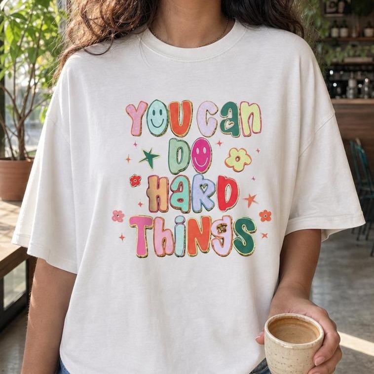 Retro Motivational Women's 100% Cotton Tee You Can Do Hard Things Smiley Positivity Graphic T-Shirt Plus Size Top