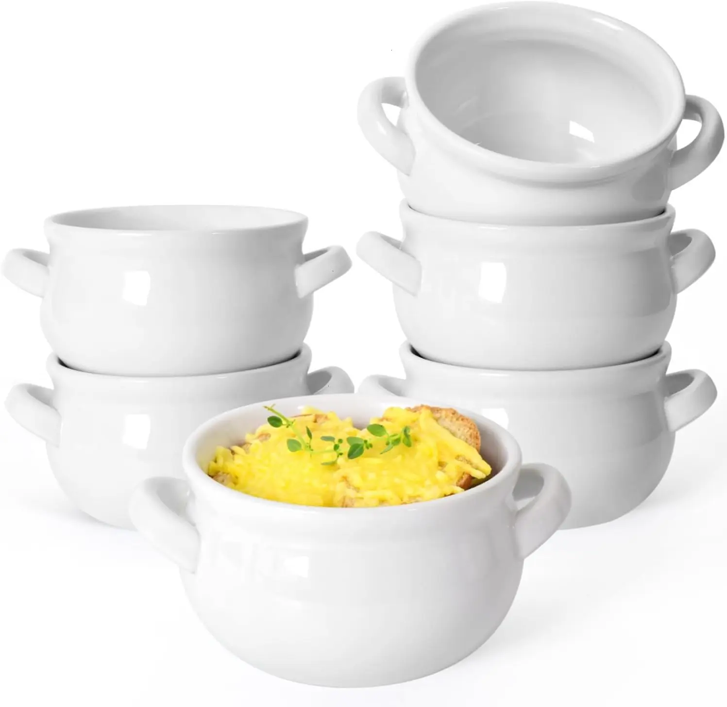 Soup Bowls with Handles, 16 Oz Ceramic French Onion Soup Bowls - Stackable Soup Crocks Oven Safe for Cereal, Chilli, Pot Pies, Dishwasher Microwave Safe, Set of 6, White