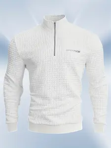 Men'S High-Neck Sweatshirt with Half Zipper for Sports, Featuring a Small Checkered Pattern, Suitable for Fitness And Running, with Long Sleeves And Ribbed Cuffs.