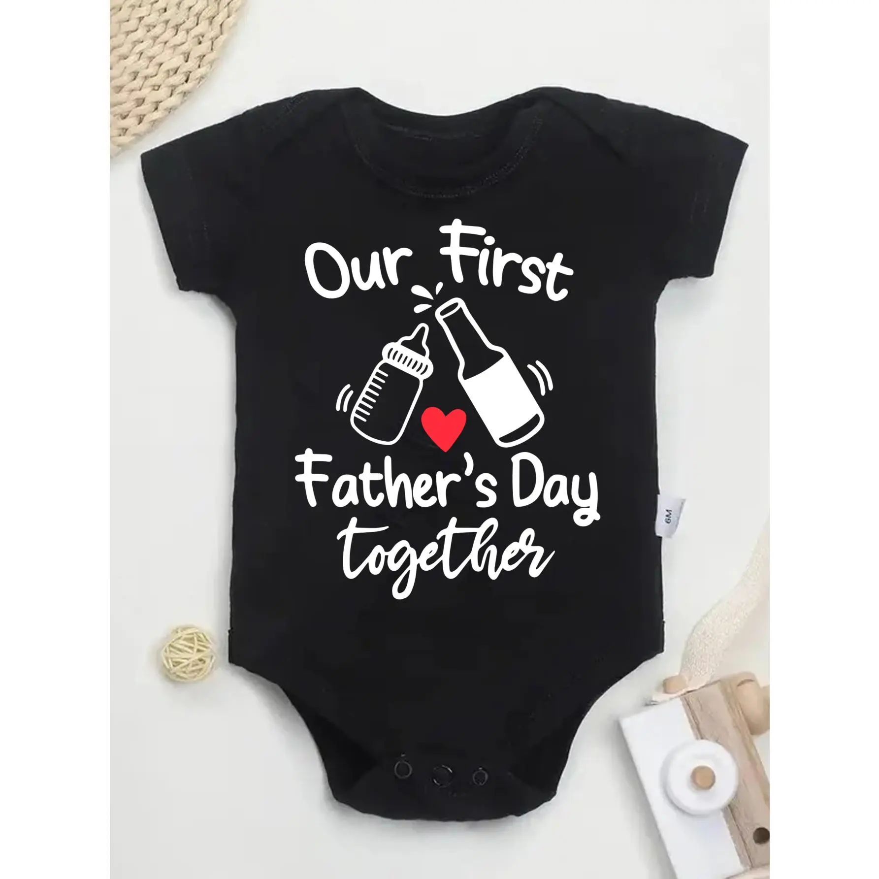 Cute Baby Bodysuit with Our First Fathers Day Together Bottle And Beer Design Print Soft Versatile Round Neck Button Detail Regular Fit All Seasons Knitted Fabric Onesie for 0-12 Months