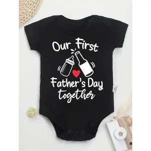 Cute Baby Bodysuit with Our First Fathers Day Together Bottle And Beer Design Print Soft Versatile Round Neck Button Detail Regular Fit All Seasons Knitted Fabric Onesie for 0-12 Months