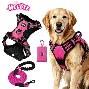 HELETY Pink 3-in-1 Dog Vest Harness Set - No Pull, No Choke, 3M Reflective, Anti-Escape Lock, Adjustable for Small/Medium/Large Dogs, Soft, Cooling Oxford Material, Airtag Compatible, Poop Bag Holder, Night Strap for Safe Walking & Travel prong collars