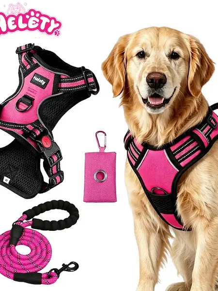 HELETY Pink 3-in-1 Durable Reflective Escape Proof Dog Vest Harness Set - Anti-Pull, Choke-Free, Adjustable for Small/Medium/Large Dogs, Soft Cooling Oxford Material, Airtag Compatible, Poop Bag Holder, Back Ring Leash Clip, Snap Strap for Safe Walks