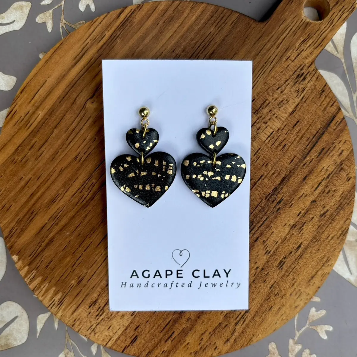 Black and Gold Heart Earrings with 18K Gold Plated Metal Fixings
