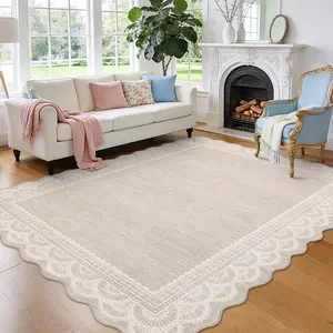 Washable Scalloped Living Room Rugs, Soft Non Slip Bordered Girls Bedroom Rugs Indoor Farmhouse Minimalist Large Throw Carpet for Nursery Room Playroom Home Decor Cute Aesthetic Floor Rug for Dining Room Office
