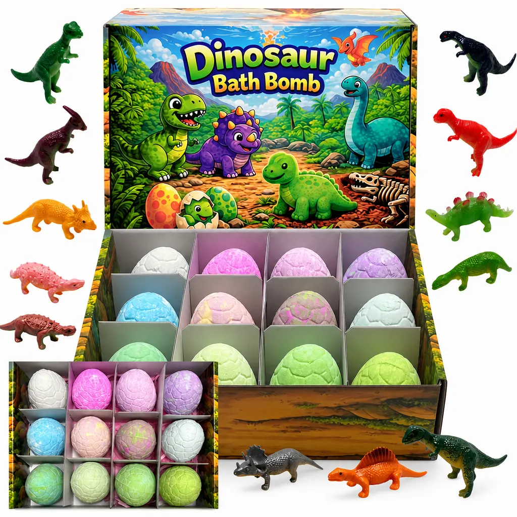 Dinosaur Egg Bath Bombs for Kids - 12 Pack Unisex Body Care Daily Bath Fizzies with Surprise Dinosaur Collectibles, Natural Sensitive-Skin Soothing Formula, Christmas Gift Set for Ages 3-8
