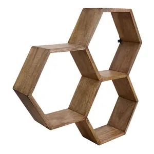 Mango Wood Honeycomb Wall Shelf, Hexagonal Floating Shelves Wall Mounted Wood Farmhouse Storage Honeycomb Wall Shelf for Bathroom, Kitchen, Bedroom, Living Room