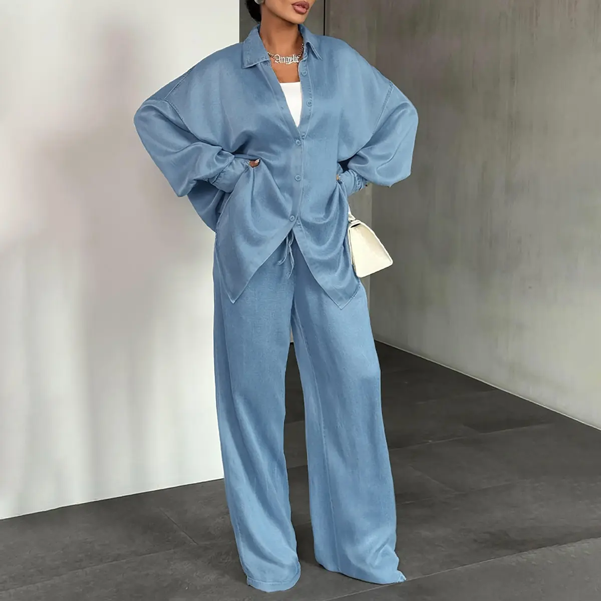 CHICME Women's 2 Piece Outfit Turn-down Collar Long Sleeve Curved Hem Top and Drawstring Elastic Waist Pants Set Casual Solid Color Loose Fit Matching Set