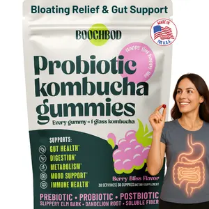 BoochBod Probiotic Kombucha Gummies - Berry Flavored Supplement for Digestive Health & Gut Balance - Daily Dietary Vitamin with Prebiotics, Probiotics, Postbiotics, Slippery Elm, Dandelion Root, MCT Oil, for Bloating, Gut Health
