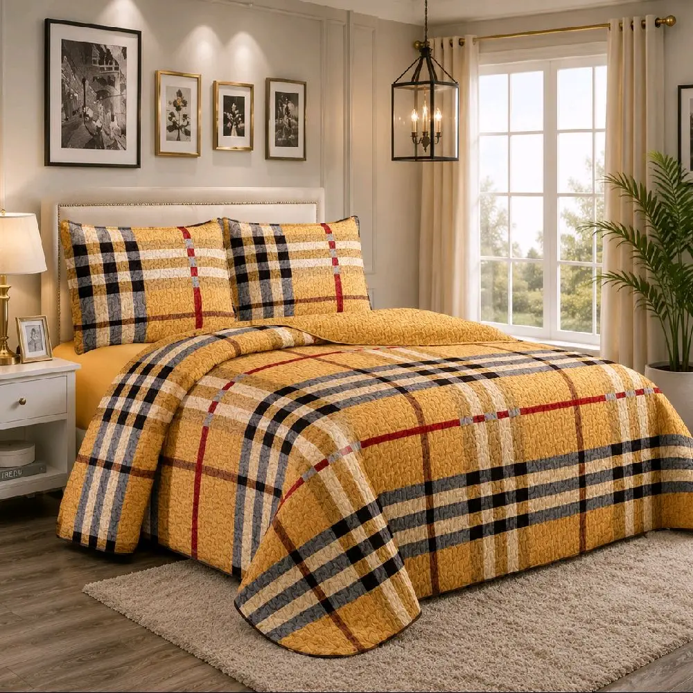 5 PCS Luxury Plaid Bedspread Set – Yellow/Gold