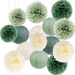 Green Birthday Party Decorations Paper Lanterns and Pom Poms 15pcs Set for Baby Shower Wedding Bachelorette Valentine’s Day Graduation, Hanging Ceiling and Room Decor