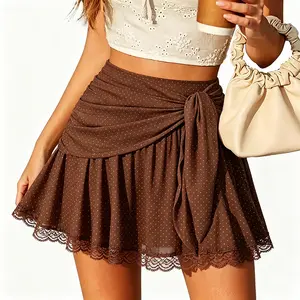 Woman's Brown Polka Dot Mini Skirt High Waist Ruched Bow Lace Hem A-line Skort Lightweight Breathable Summer Casual Sweet Style Beach Vacation Date School