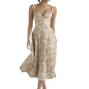 LYD- Lace Up Split Thigh Vintage Dress, Boning Corset Milkmaid Dress, Boho Style Ruched Details Tie Front Sleeveless Midi Dresses for Wome -LYD brunch