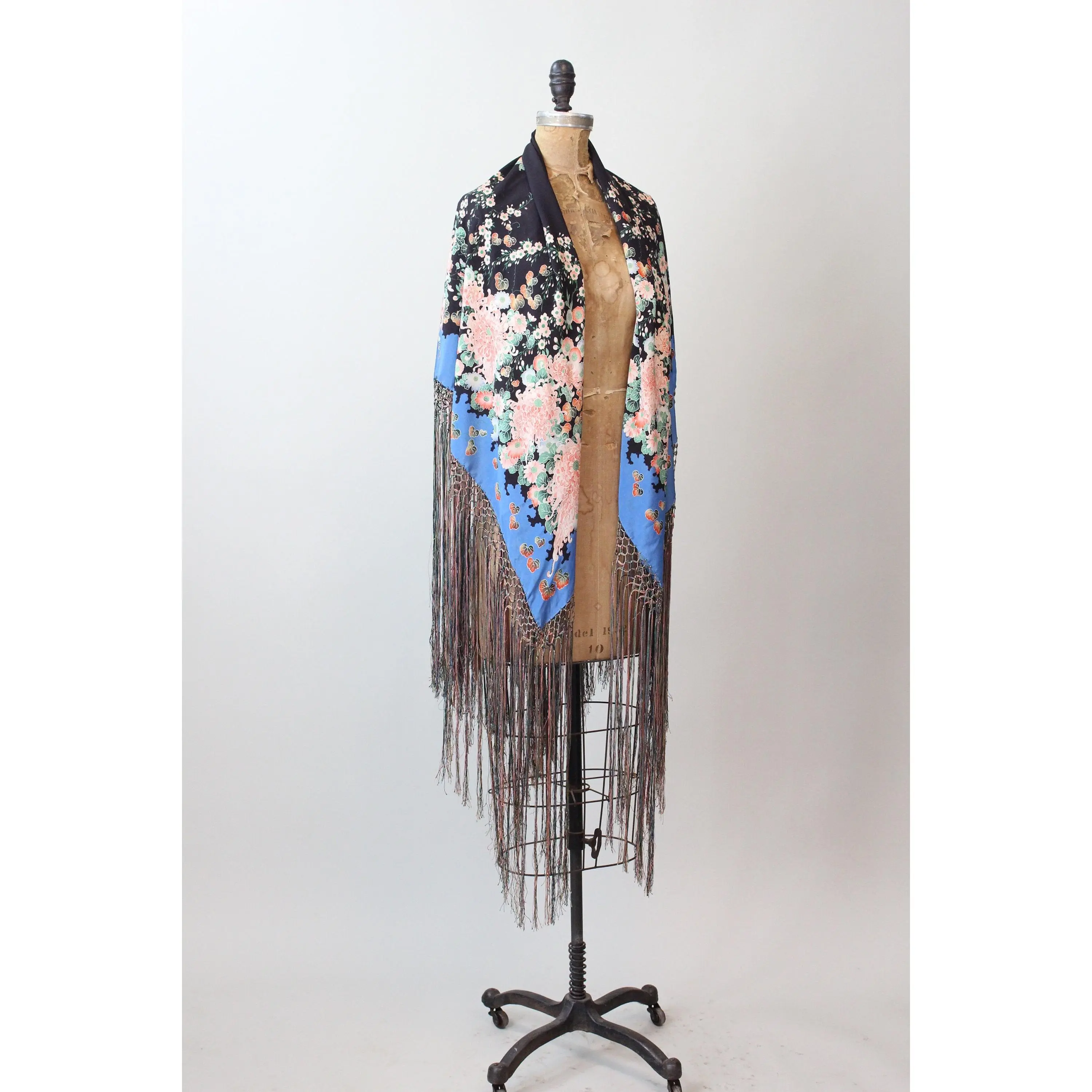 1920s SILK PONGEE piano BUTTERFLY fringe silk scarf | new spring