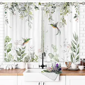 Eucalyptus Green Leaves Kitchen Curtain Rod Pocket 27.5W X 39L Inch 2 Panel Sage Green Leaf Watercolor Floral Hummingbird Small Short Cafe Tier Curtain Plant Window Drape Treatment Home Decor