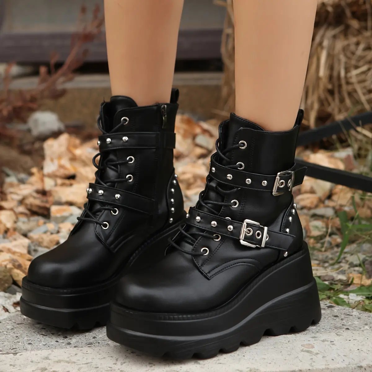 Lab Chunky Platform Boots For Women, Square Toe Lace Up Zip High Heel Combat Wedge Ankle Boots Girl Shoe Footwear Walking