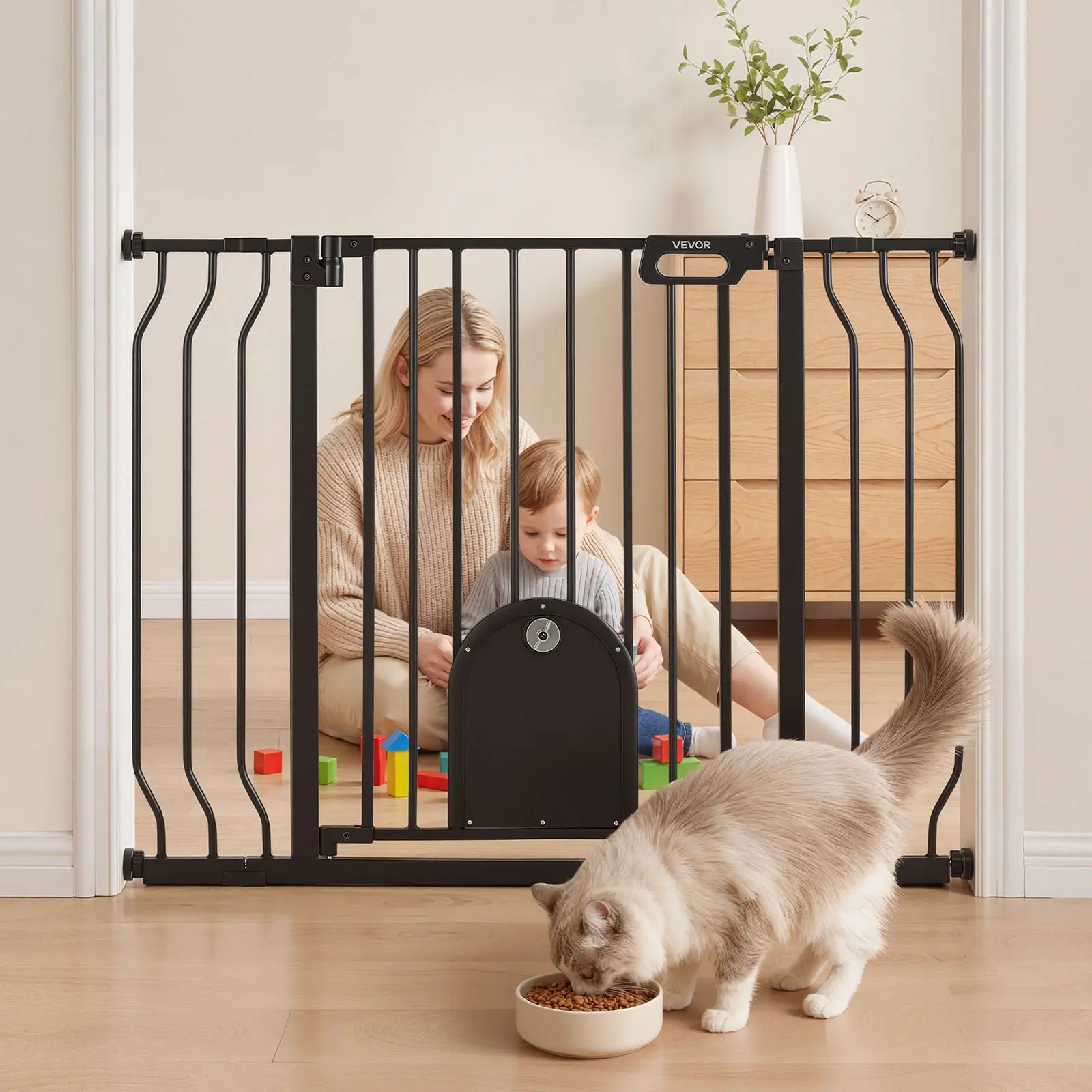 VEVOR Baby Gate for Stairs, 29.5-43 in Adjustable Width, Baby Gate with Adjustable Cat Door, with Pressure Mount Kit and Wall Mount Kit, Secure Metal Pet Door for Stairs, Doorways, and House, Black#BacktoSchool
