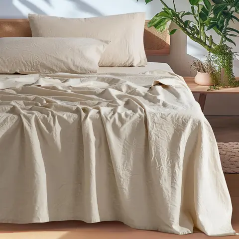 Shilucheng Natural French Flax Linen 4-Piece Queen Bedding Sheets Set - Farmhouse Style, Soft Comfy Bedding, Body-Safe Fabric, Self-Cleans Linen, Cooling, Moisture-Wicking, 16-in Deep Pocket, Anti-Tear, Eco-Friendly, Machine Wash Easy Care