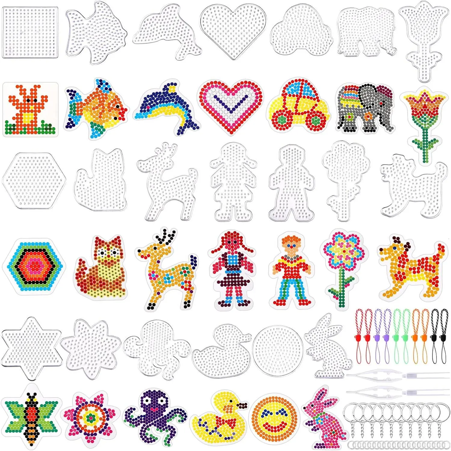 Kids' DIY Craft Fuse Beads Pegboards Kit - 20 Clear 5mm Animal-Shaped Plastic Pegboard Trays, 20 Colorful Pattern Cards for Doll Making & Specialty DIY Projects