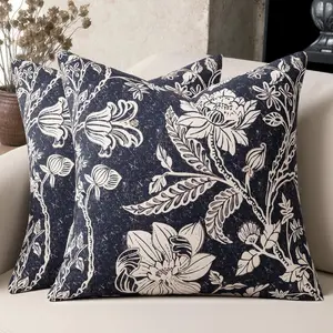 Navy Blue  Floral Pillow Covers Vintage Decorative Pillow Boho Patterned Covers Neutral Modern Farmhouse Square Cushions Cotton Accent Covers Home Textile - Sofa Bed Living Room couch Pillowcases Set of 2