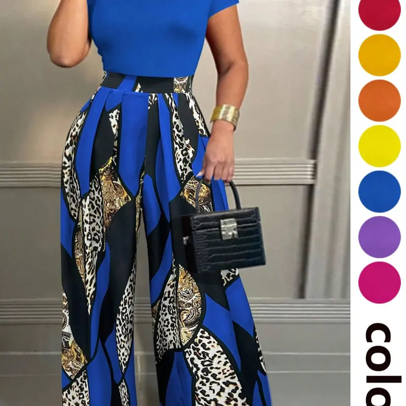 Women's Two-Piece Outfit Set, Solid-Color Fitted Short-Sleeve Crew-Neck T-Shirt and Animal-Print Wide-Leg Pants, Casual Summer Matching Set for Daily and Outdoor Wear