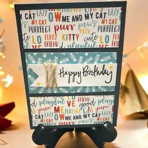 Fury Friends Cat Birthday Card with "Happy Birthday" Text, Decorative Elements, and "CAT LAXY" Theme