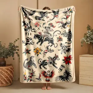 1 piece Vintage American traditional tattoo animal and floral designs flannel blanket, Soft warm blanket - Modern-style all-season blanket, suitable for sofas and beds, digital print design, 100% polyester material