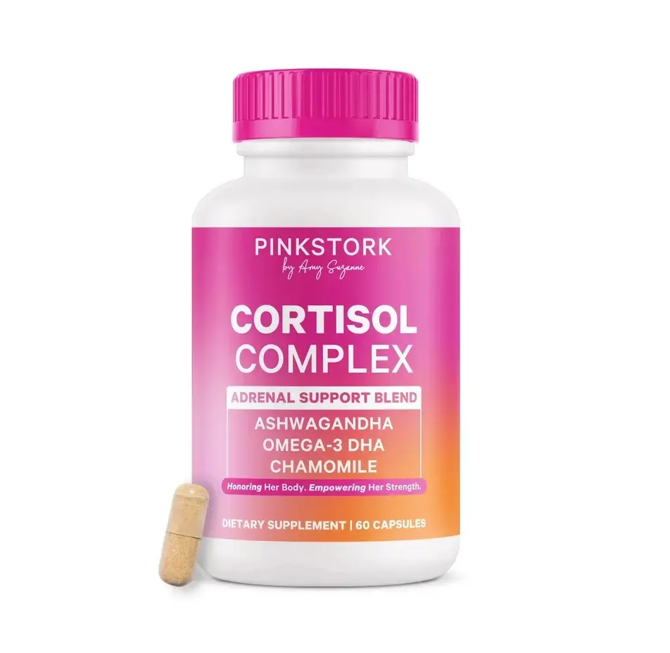 Pink Stork Cortisol Complex | Adrenal + Stress Supplement for Women | Healthy Mood + Energy | Organic Ashwagandha, Omega 3 DHA, Chamomile, Saffron, Vitamin D, 1-Month Supply, Adaptogens + Vitamin Blend