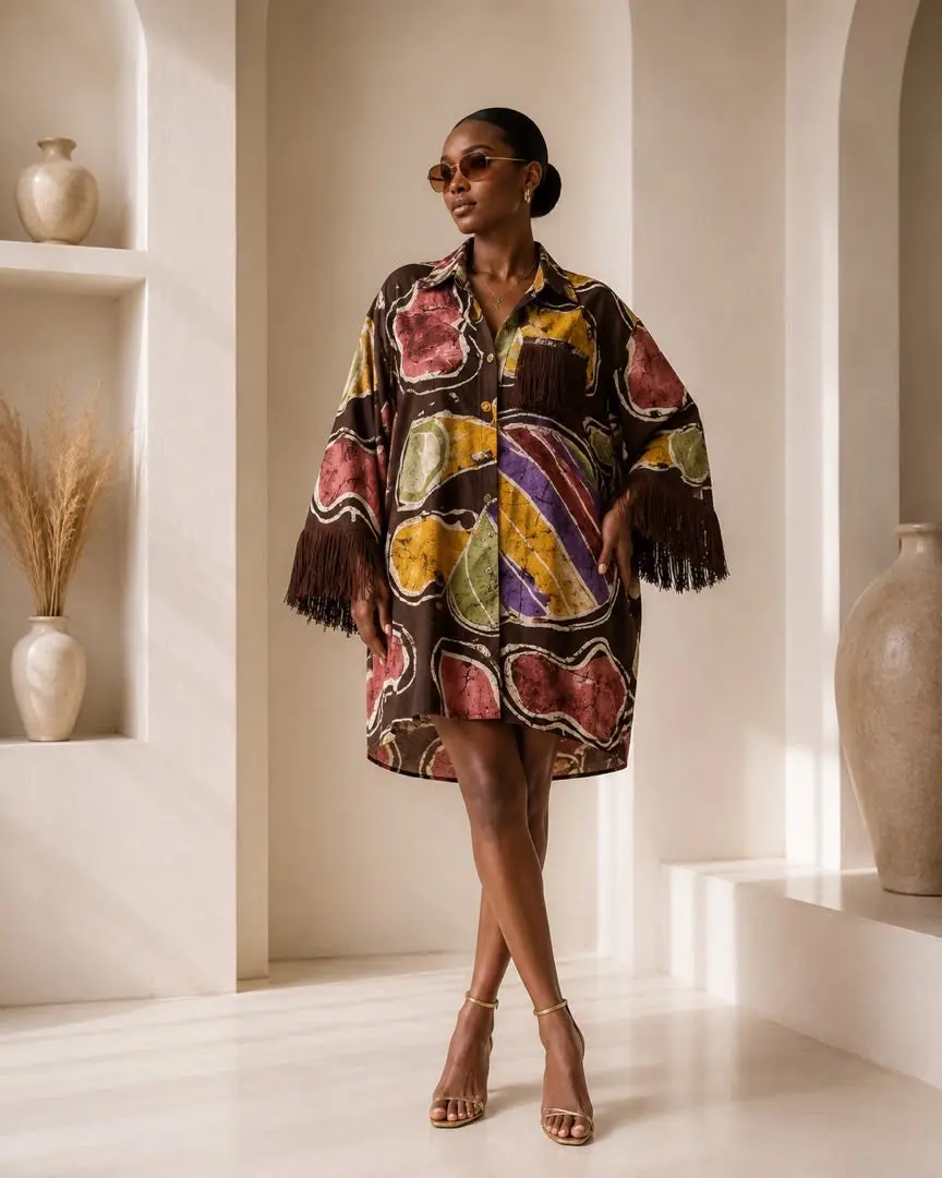 Women's Oversized Casual Kaly Adire Artwork Midi Kaftan - Silk Fabric, Relaxed Fit