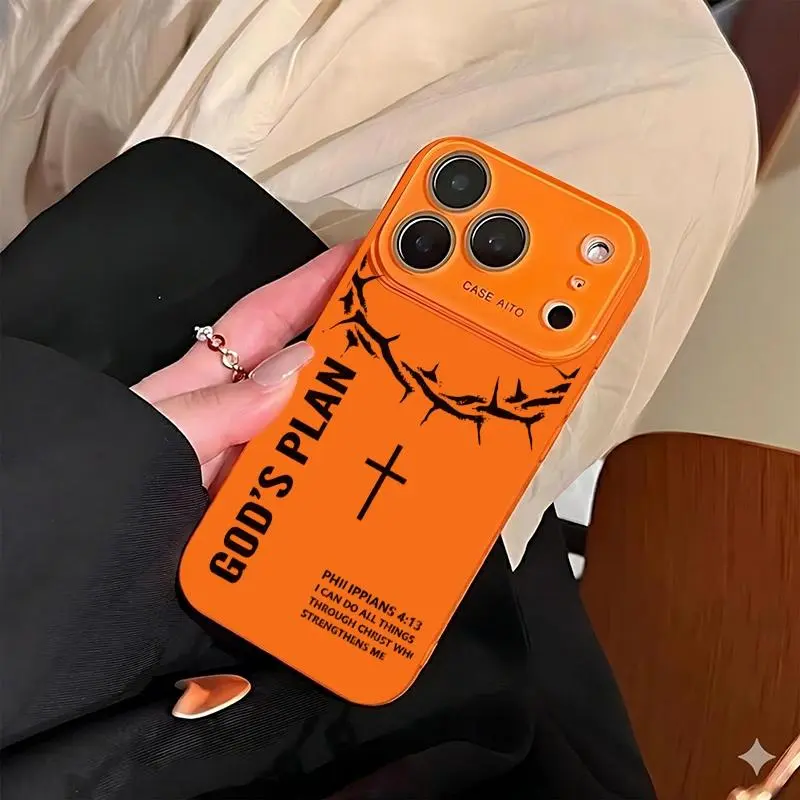 Light pink GOD'S PLAN thorny cross pattern phone case. Compatible with iPhone 17 Pro Max, 16 Pro Max, 15 Pro Max, and 14 Pro Max. Includes lens protection. Also compatible with iPhone 15, 14, 13, and 12. Made of skin-friendly TPU material.