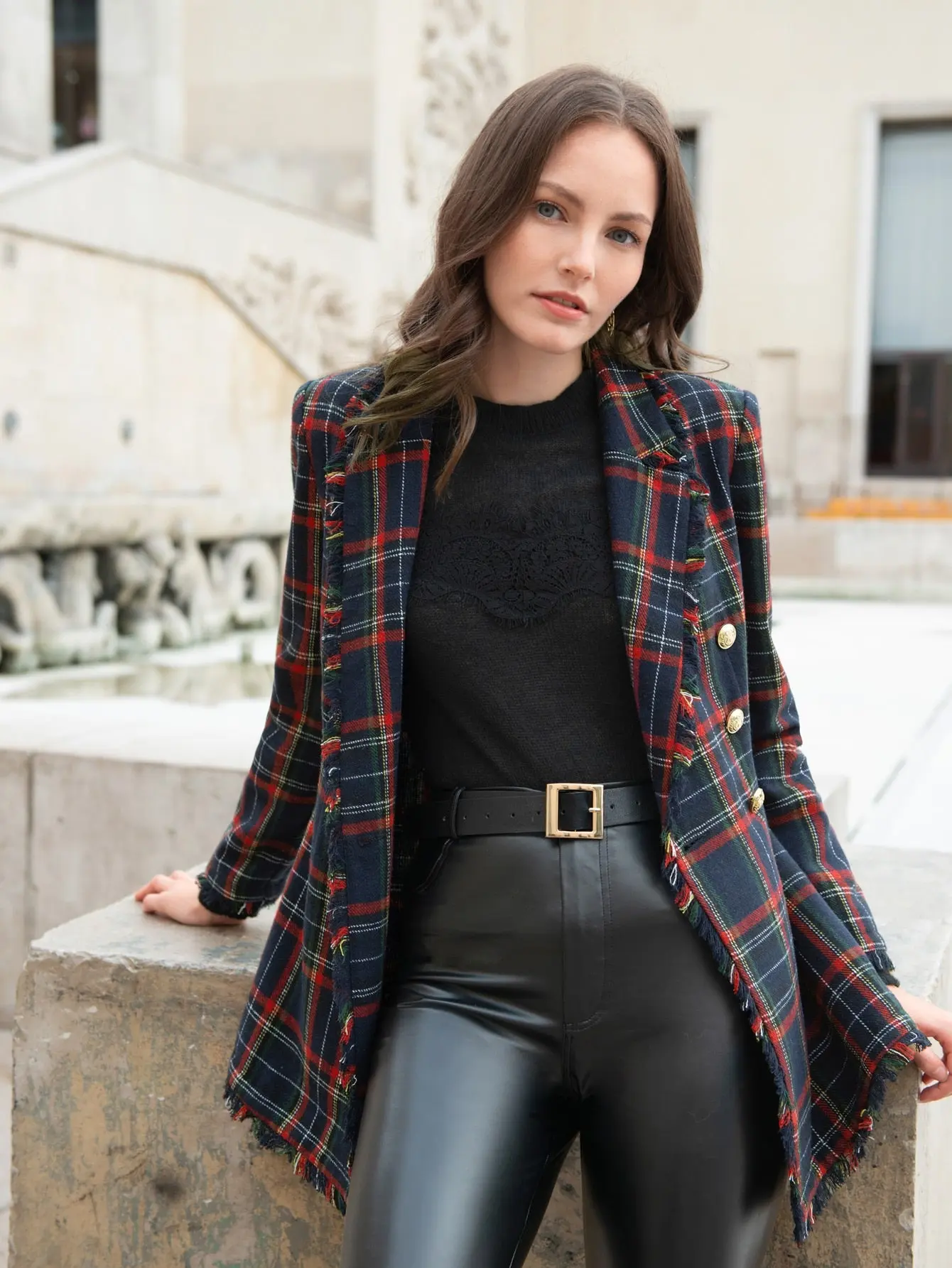 Lapel Collar Fringe Trim Tartan Blazer