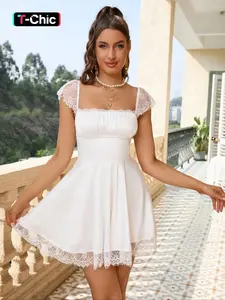 Parthea Backless Cross-Strap Lace Patchwork Satin Dress, Casual Sweet Feminine Cute Date Wear, Slim-Fitting Cap Sleeve, Short Plain Design, Womenswear