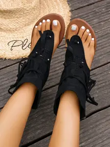 Summer New Multicolor Fringe Sandals, Bohemian Style Tie-Strap Flat Boots, Casual Outdoor Wear, Fashionable Mid-Calf Cool Shoes for Women