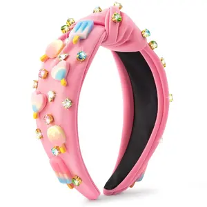 HY-HDW024 Ice Cream Jeweled Knotted Headband - Summer Popsicle Stick Rhinestone Crystal Embellished Headband Non Slip Wide Top Knot Fashion Hairband Hair Accessories Birthday Gift for Women Girls (Pink)