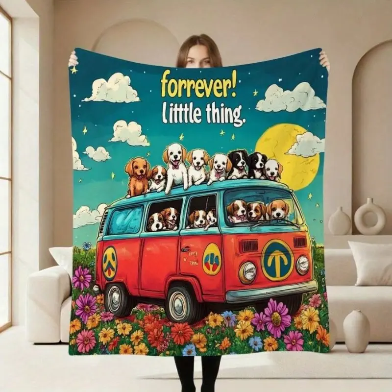 Retro Puppy Van Peace Throw Blanket - Cute Eclectic Boho Printed, Durable Anti-Pill Fabric, Animal Artwork Art Print Character Art Colorful Animal Blankets for Cozy Evenings & Home Decor (summerwins), Animal Artwork Blankets