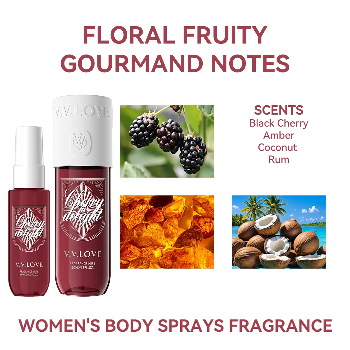 2PCS Set Women's Body Mist, Cherry Floral Fruity Notes, Portable Travel Kit Perfume Body Spray Mini Size Hair Fragrance, Brazilian Perfume 40ML 90ML
