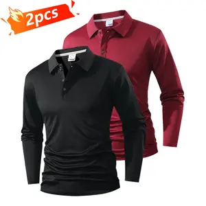 Men's long-sleeve polo shirt, featuring a simple and stylish design with a slim fit, comfortable and skin-friendly breathable fabric, suitable for daily casual wear, office commutes, and social outings. Two pieces offer versatile trendy style essential fo