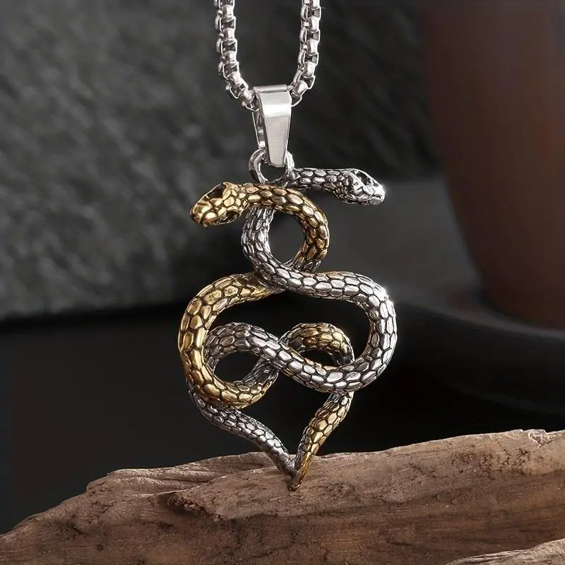 Men's Viking-Inspired Double Snake Pendant Necklace - Gothic Rock Animal Charm Men's Jewelry for Casual Streetwear, Unique Birthday Gift, Necklaces, Male, Gothic Look