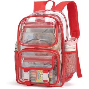 Clear School Backpack for Girls Boys, Heavy Duty PVC See Through Transparent Bookbag for  Women Men (Red)