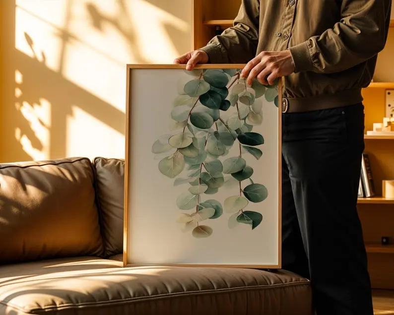 Eucalyptus Wall Art, Sage Green Botanical Print, Minimal Scandinavian Leaf Poster, Watercolor Plant Wall Art for Bedroom Living Room Decor