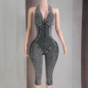 Mineral Wash Black Halter Capri Jumpsuit Cotton Stretchy Fitted Womenswear