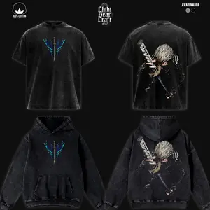 Devil May Cry T-Shirt Vergil Yamato Dark Slayer Vintage Washed Oversized Hoodie Hack and Slash Gaming Graphic Tee Faded Katana Edgy Streetwear Y2K Merch Gift For Game Fan Clothes