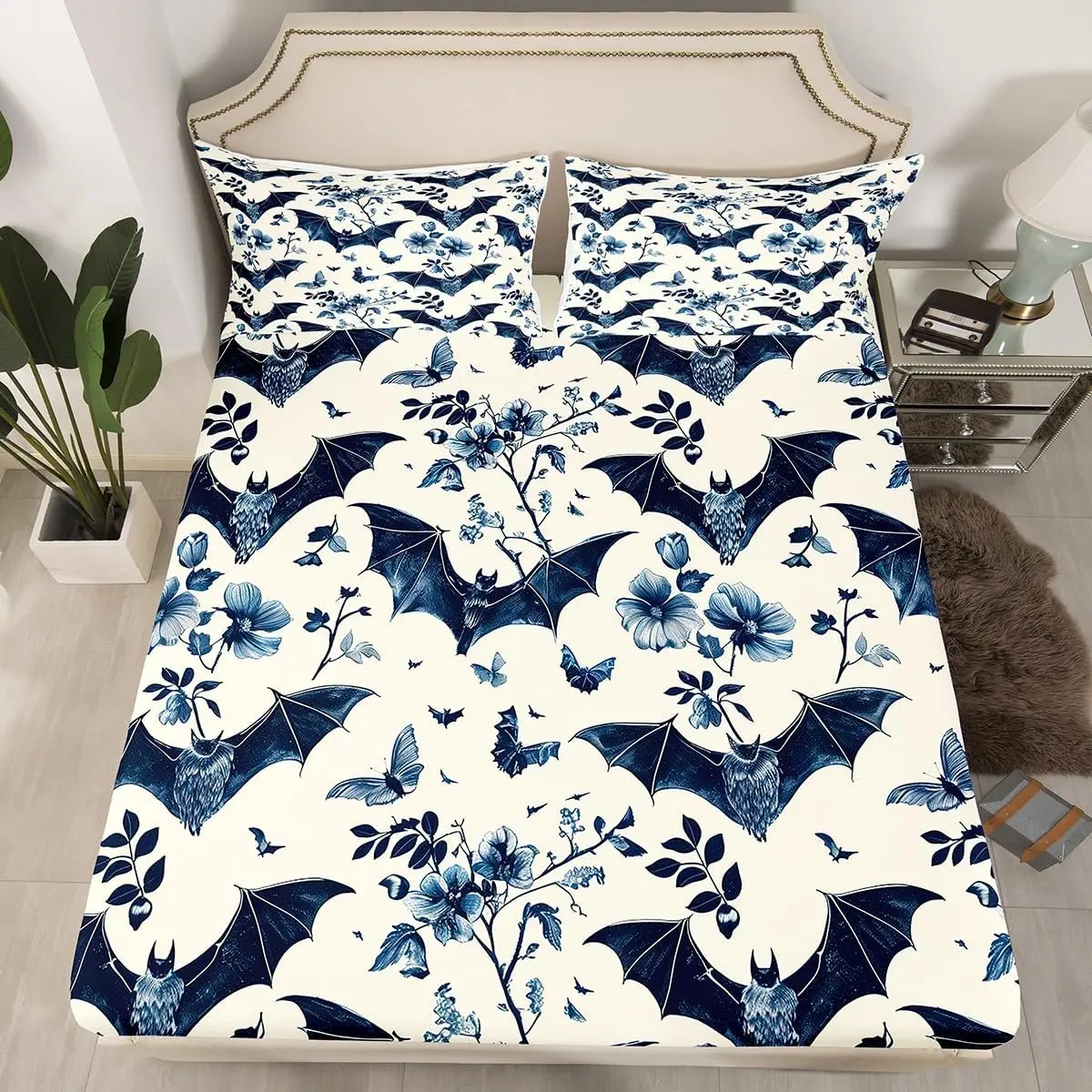 Feelyou Microfiber Halloween Bedding Set - Cartoon Gothic Spooky Fitted Sheets with Bat, Floral Decorations for Kids, Microfiber Bedding Sheets Set, Microfiber Bedding Set