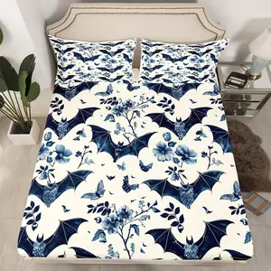 Bats Halloween Bed Sheets,Floral Bat Decoration for Kids Boys Girls,Cartoon Gothic Spooky Fitted Sheet,Halloween Sheets Set